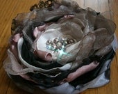 Black, gray, mauve and white fabric flower brooch with pearls and crystals flower brooch hair pin hair acessories