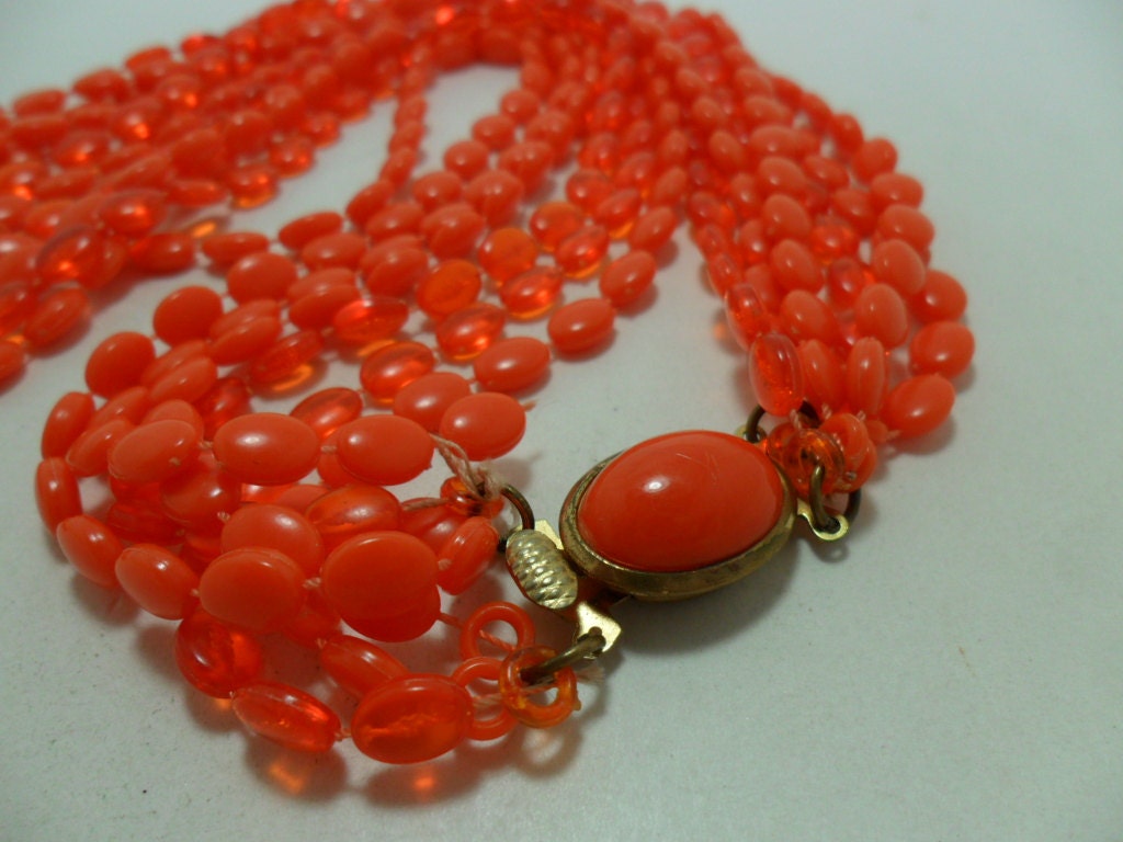 Vintage Necklace Orange Lucite / Acrylic Vintage Plastic Chunky Long Solid and Clear Multi Strands Retro Art Deco 1960s Statement