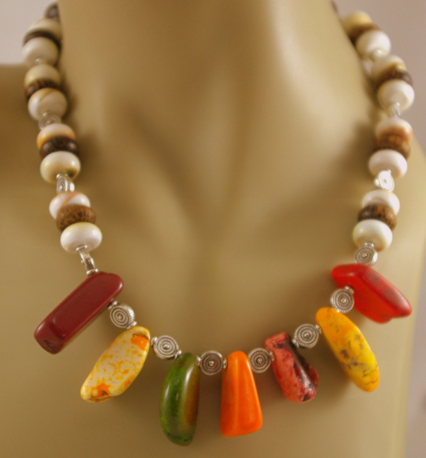 Magnesite and Button Shell Beaded Necklace.  Earthy.  Tribal Dance.
