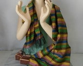 Raw Silk Scarf Stripe Long Fringed Hand Made