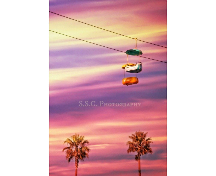 Carnival Photography. Sunset photo. colorful art. skygliders. palm trees. summer. santa cruz beach boardwalk. pink. yellow. bright decor