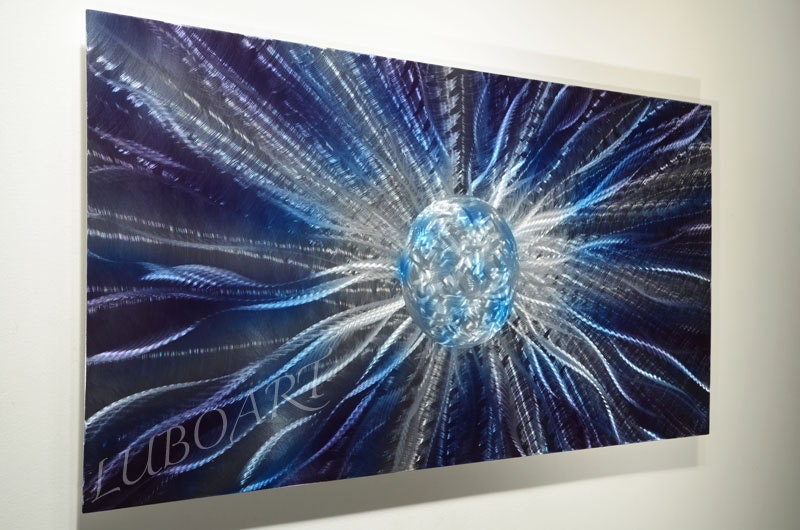 Energy Ball 47" HUGE METAL abstract modern decor Original sculpture silver blue purple oil painting
