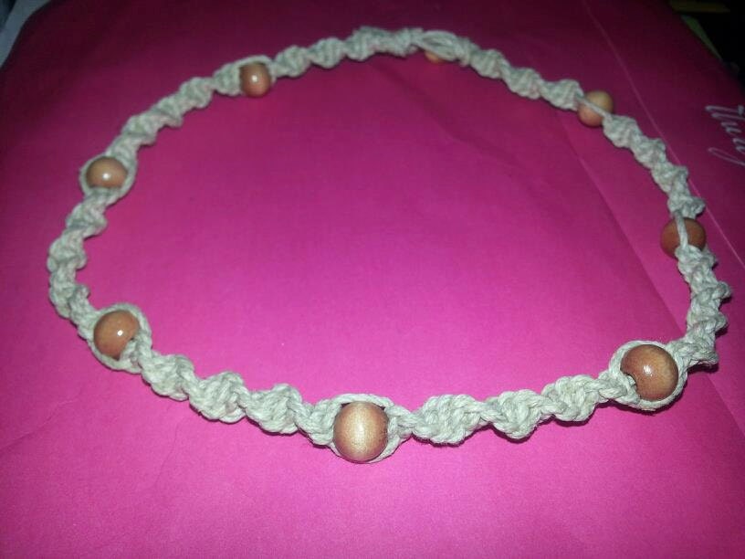 Hemp Necklace thick spiral natural color with brown beads.