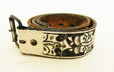 Vintage Tooled Leather Belt 1960s Black and White