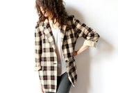 Plaid Linen Blazer, Slouchy New Wave Boyfriend Jacket, hipster neutral tan black white & red oversized hipster grunge office sport coat