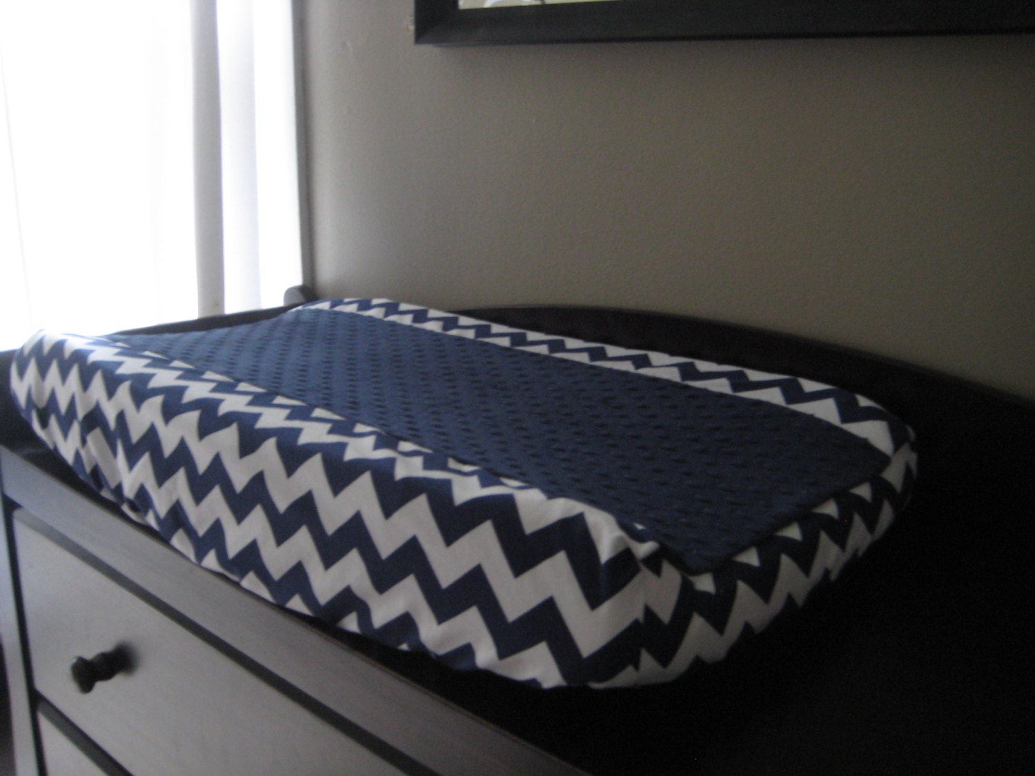 Changing Pad Cover with Minky Center - Navy Chevron with Navy Minky