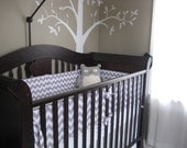 Crib Bumper with Piping and Fabric Ties - One Piece made with Nu-Foam Breathable Bumper Pads- Grey Chevron