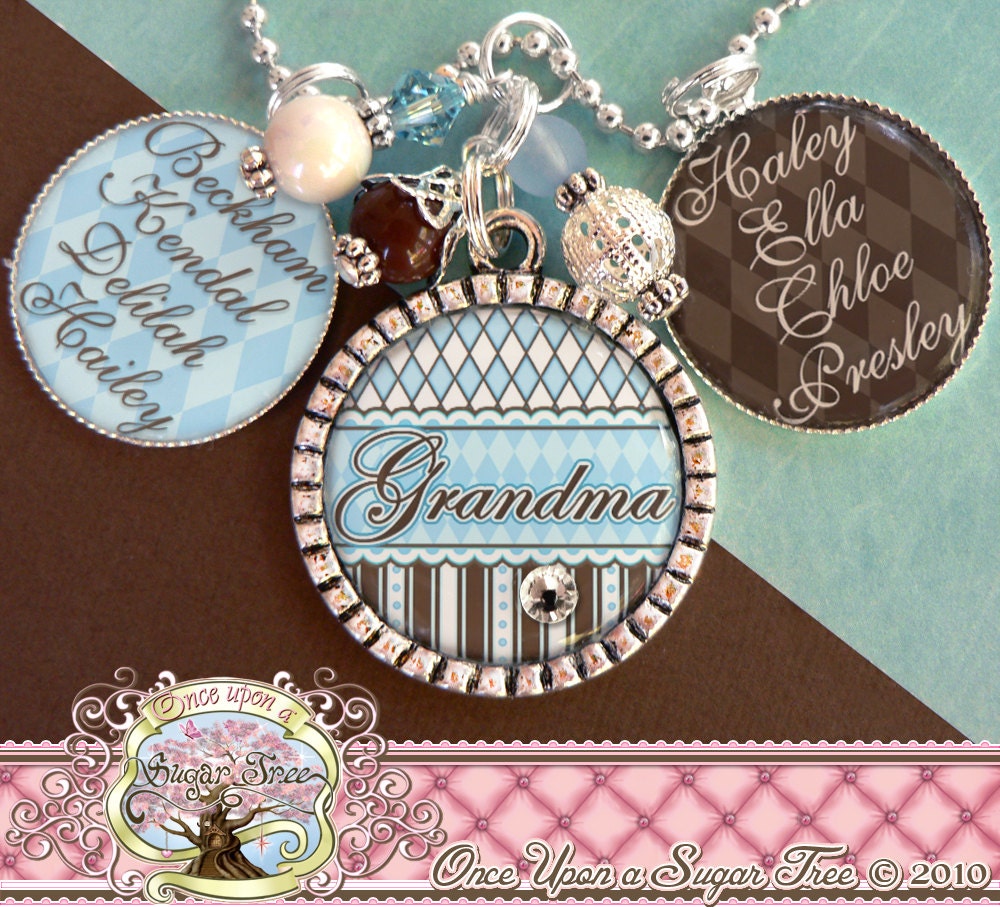 Mom Grandma Nana NECKLACE (or Key Chain), Triple Pendant, Photograph, Blue Brown, Children's Names, Bottle cap, Mother, Gift, Mimi, Aunt