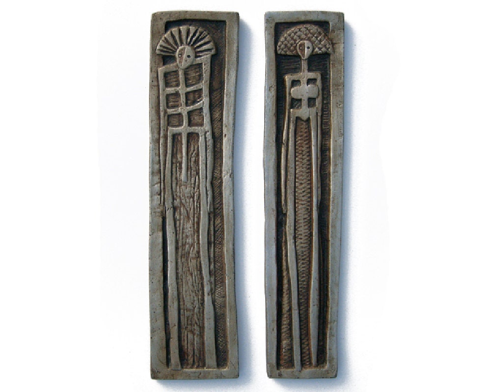 male petroglyph figurine abstract wall hanging - ceramic tribal art - home decor -silver  wall hanging