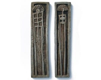 male petroglyph figurine abstract wall hanging - ceramic tribal art - home decor -silver  wall hanging