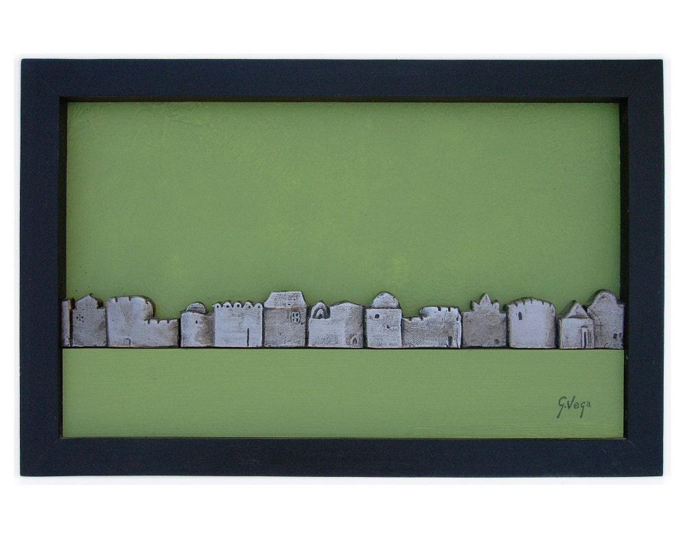 wall hanging- wall art - wall decor - home decor - framed piece - miniature houses - village - city