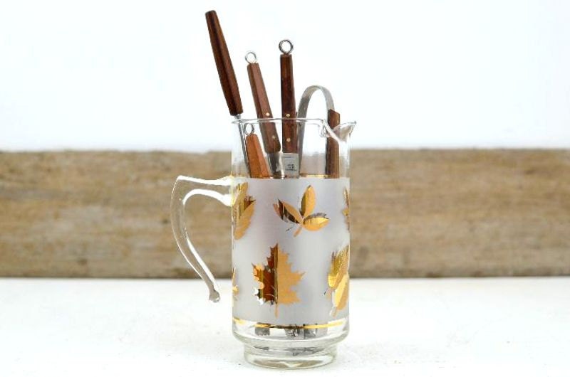 Vintage Mid Century Frosted Gold Leaf Foil Libbey Martini Set