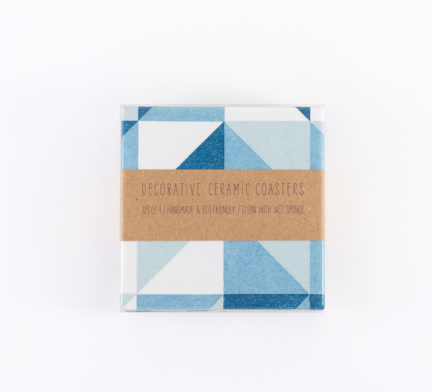 Blue Geometry Tile Coasters Abstract Modern Collage Drink Coasters Squares Triangles Dusk Blue Mint, set of 4