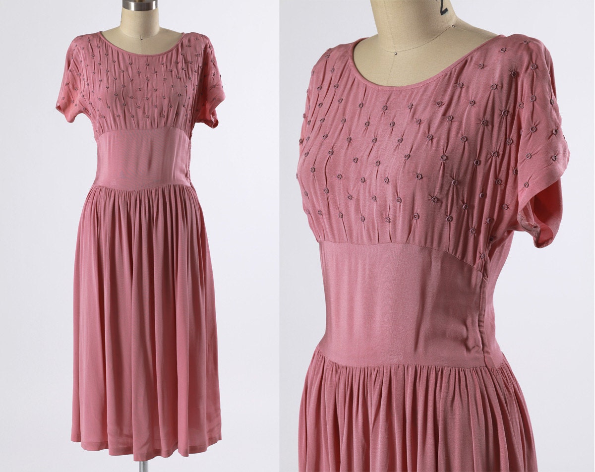 1940s dress/ 40s rayon/ studded bust