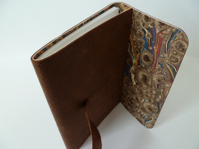 Leather Bound Artist Sketchbook/Journal Traditional Light Brown with an Aged Appearance. With a Hand Made Marbled Paper Lining.