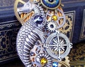 Steampunk Brooch (P303) - Nautical and Clockworks - Seahorse - Glass Eyeball - Swarovski Crystals