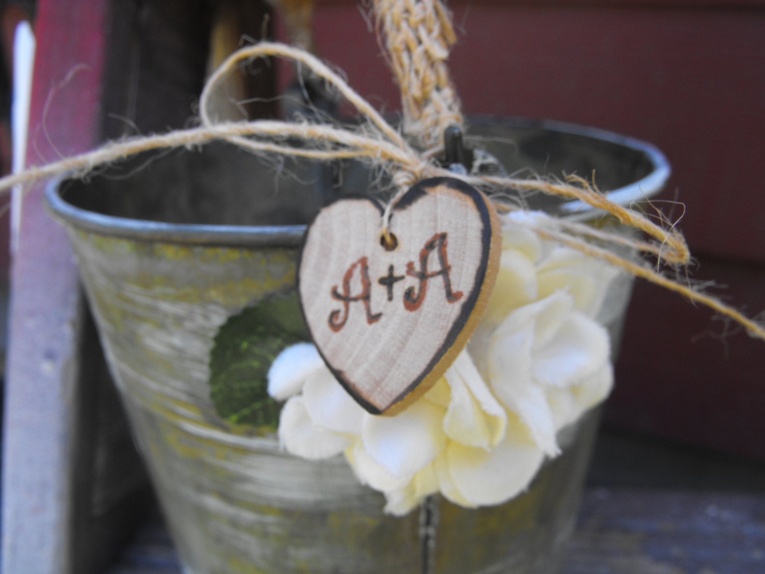 Flower Girl Basket Alternative Distressed Personalized Tin Bucket Rustic Woodland Outdoor Country Chic Wedding
