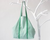 Cotton Shopper in Green and White Stripes with Twin Top Handels in Emerald Green Leather, inner zip pocket, tote bag, beach bag