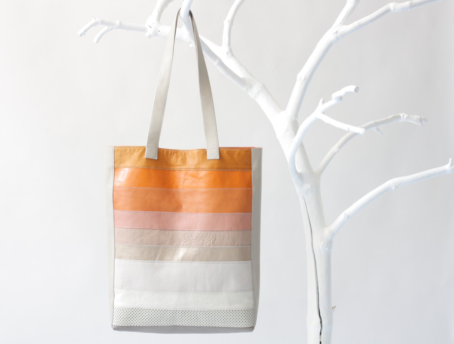 Multicolor Leather Tote with apricot cotton lining, removable leather key strap, shoulder bag, patchwork bag, laptop bag, shoulder bag