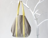 Cotton Shopper in Pale Green Khaki with Twin Top Handels in Lemon Leather, tote bag, shoulder bag, beach bag