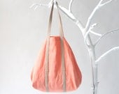 Cotton Shopper in Bright Salmon with Twin Top Handels in Nude Leather, tote bag, shoulder bag, beach bag