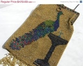 On Sale gorgeous large 1920s art deco figural peacock glass beaded jeweled fringe floral purse handbag