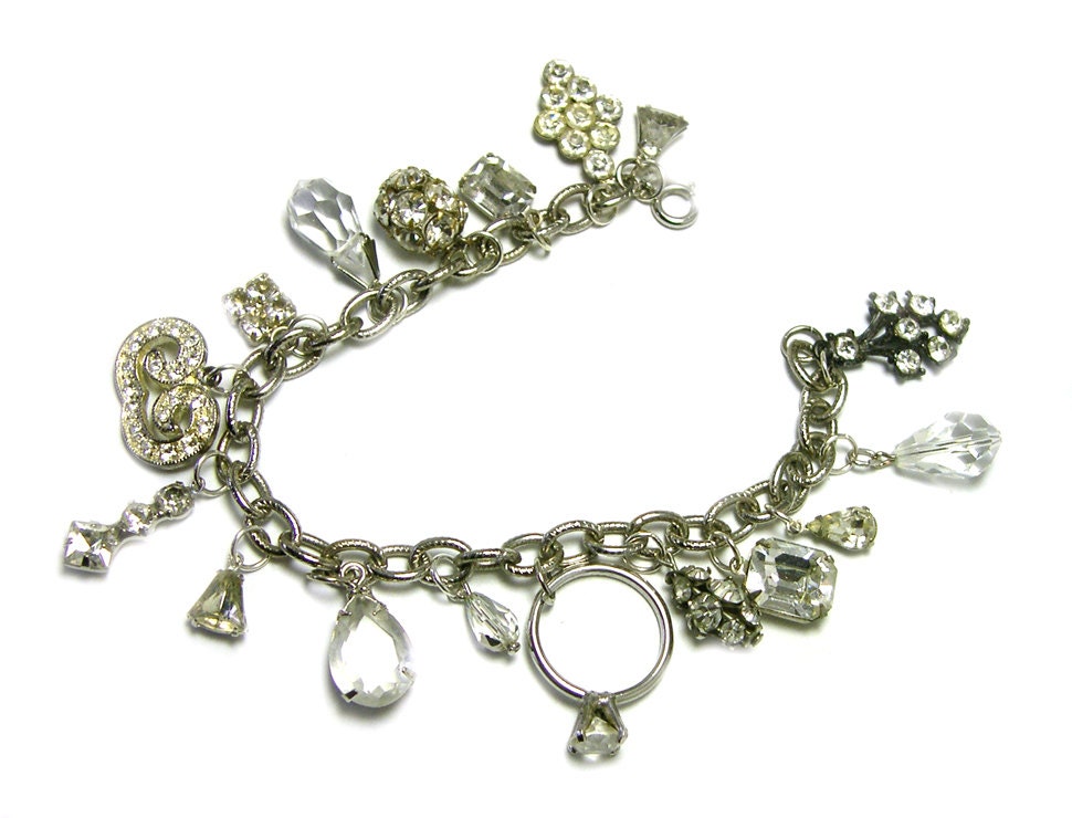 Rhinestone Charm Bracelet, Crystal Rhinestone Charms, vintage jewelry, charm bracelet, upcycled, recycled, eco friendly bracelet