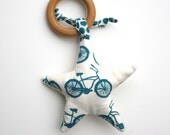 Cruiser Bike in Star Organic Wood TEETHING ring with Organic Cotton Clutch Toy - Eco Friendly All Natural baby toy- Baby Toy