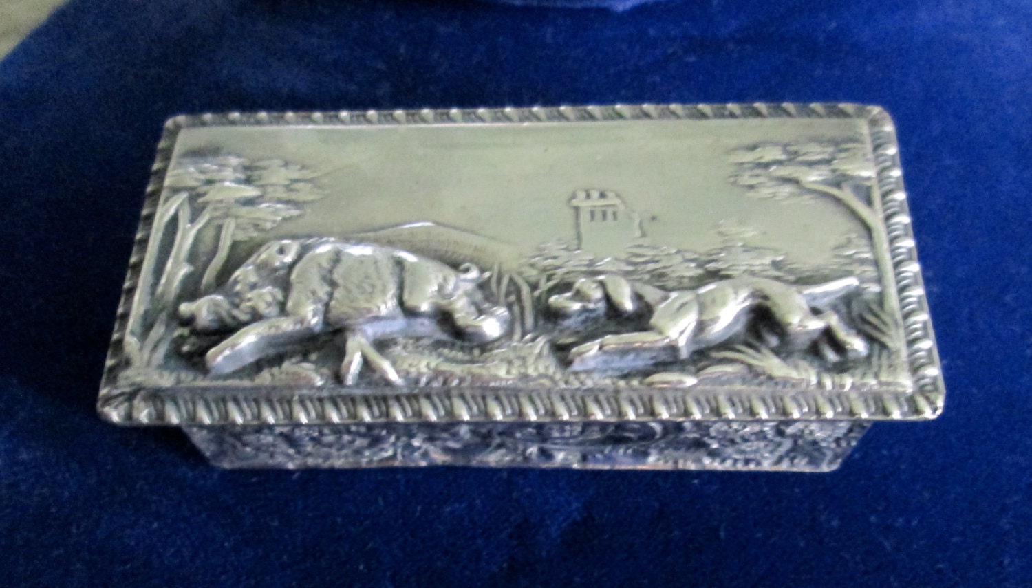 Victorian Snuff Box Stamp Box / Boar And Dog Embossed / Silver Plated / Gorgeous