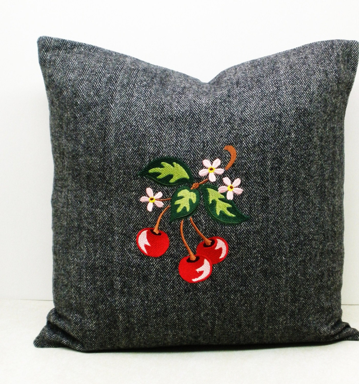 Vintage Herringbone Wool Envelope Style Pillow Cover with Embroidered Cherry Design . Made by SeamsOriginal