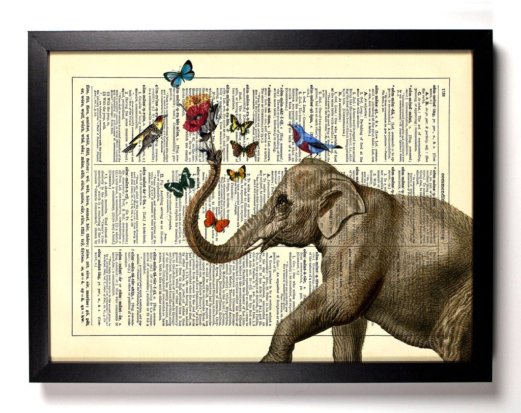 The Elephant and His Friends Repurposed Book Upcycled Dictionary Art Vintage Book Print Recycled Vintage Dictionary Page Buy 2 Get 1 FREE