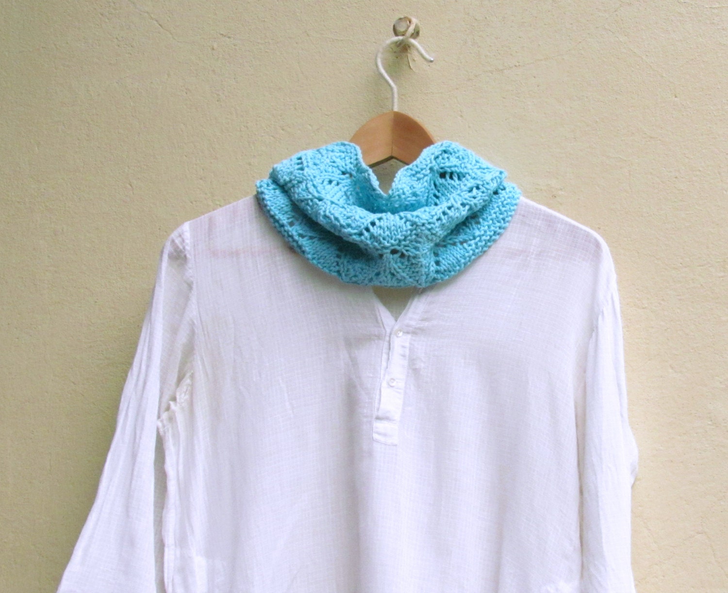 Turquoise blue  infinity scarf - Knitted vegan cowl - Cotton lace romantic accent femenine
