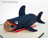Shark Pencil Case by MinneBites / Handmade Shark Bag - Geeky Gift for Guys - Office Supplies - Desk Organizer - Navy Rainbow Shark Bite