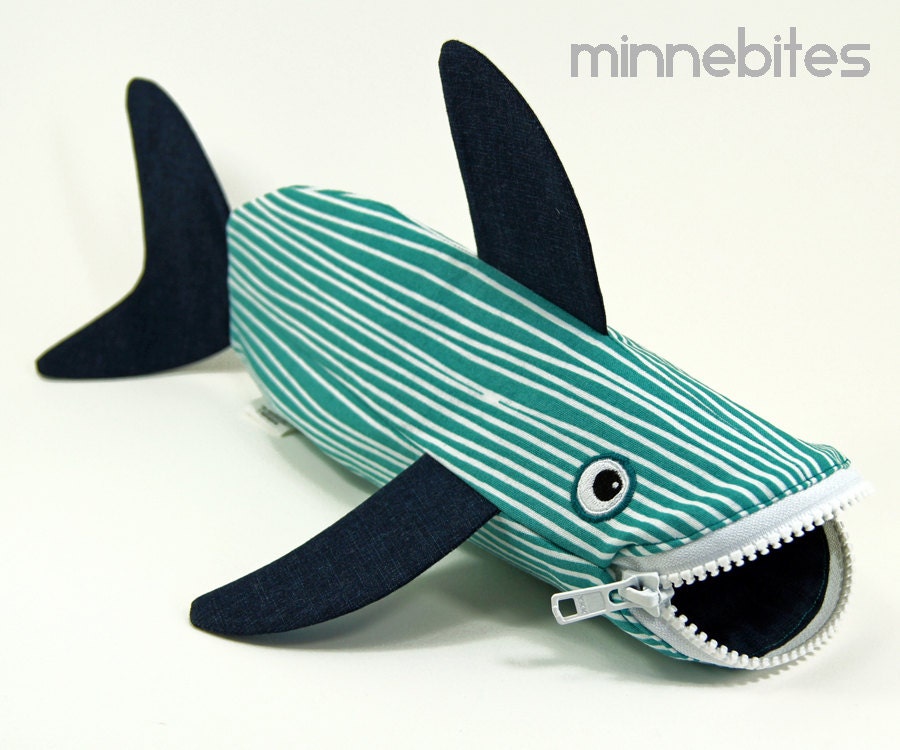 Out to Sea Shark Bag by MinneBites / Handmade Zipper Pouch - Nautical Aqua and Navy Pencil Case - Sea Animal Bag - Beach Bag - School Bag