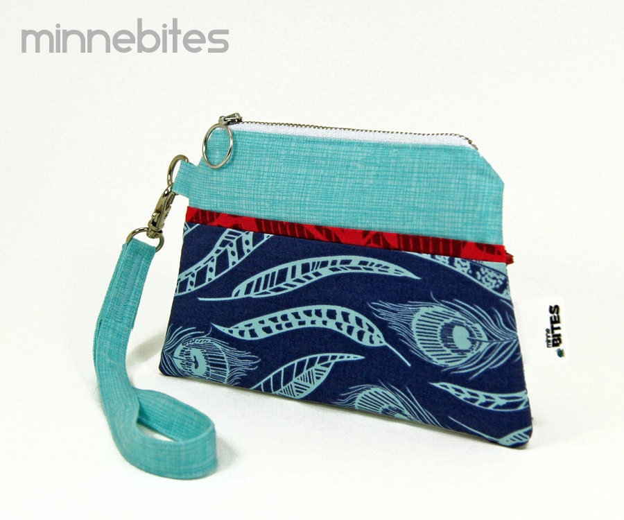 Zipper Wristlet by MinneBites / Handmade iPhone Wristlet - Camera Case - Blue Feathers Small Zipper Wallet - Wristlet Clutch Purse