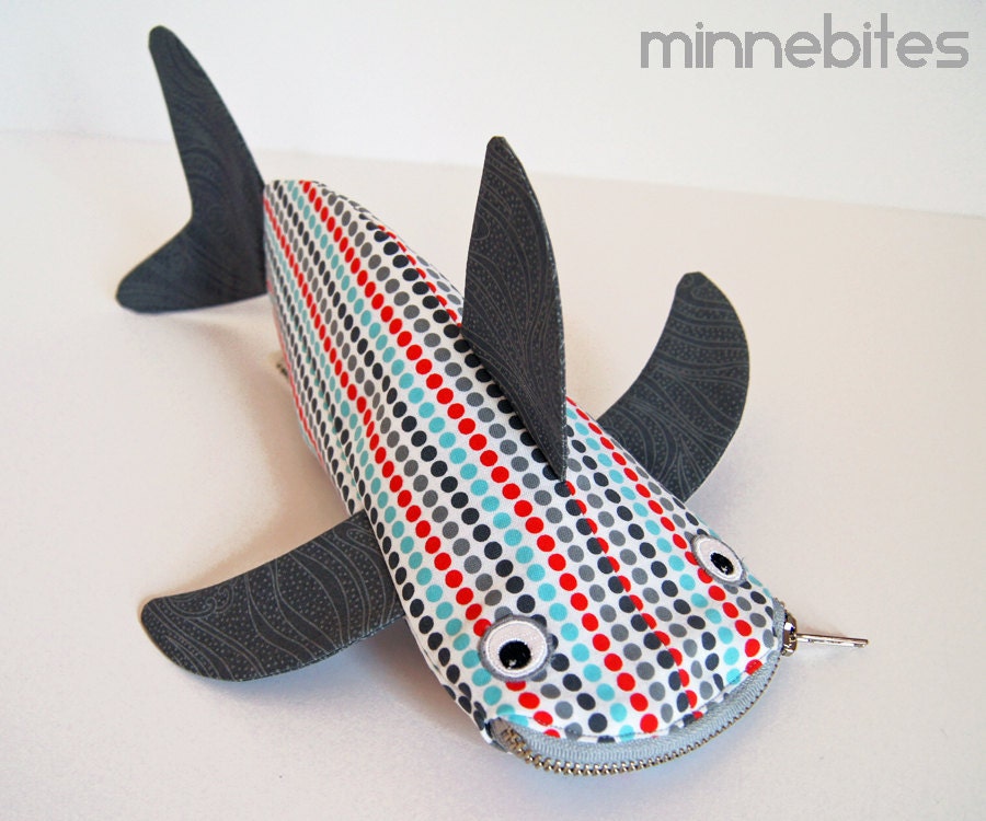 Modern Dots Shark by Minnebites / Shark Pencil Case - Shark Bag - Office Organizer - Handmade Fish Zipper Pouch - Gift for Guys