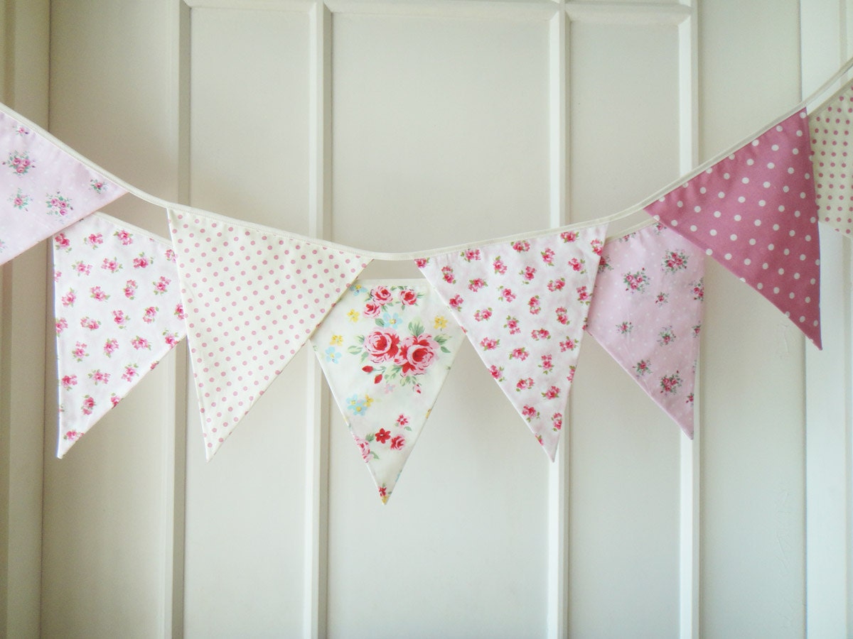 Sweet Pink Bunting, Fabric Banners, Wedding, Garland, Photo Prop, Floral, Roses, Polka Dots, Pink Shade - 3 yards (2nd version)