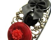 Black and red headband - vintage buttons, filigree headband - red and black, hair accessory - black bow, hair bow, bow headband - pinup