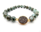 Druzy Bracelet, Charm Bracelet, Stretch Bracelet, Gold Bracelet, Blue Bracelet, Pyrite Gemstone, Beaded Bracelet
