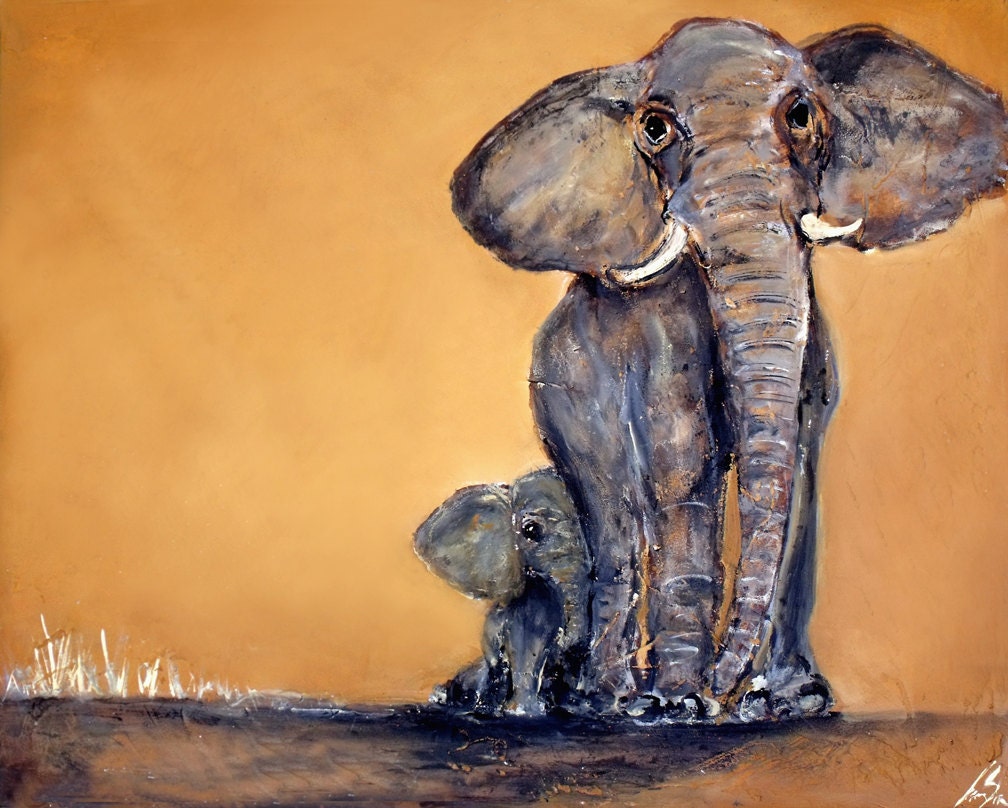 Family Elephant Art Print, Limited Edition of 50, 11" x 14" Parent and baby elephants, Poster Print