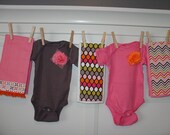 READY TO SHIP - Onesie and Burp Cloth Set in Gray, Pink and Orange