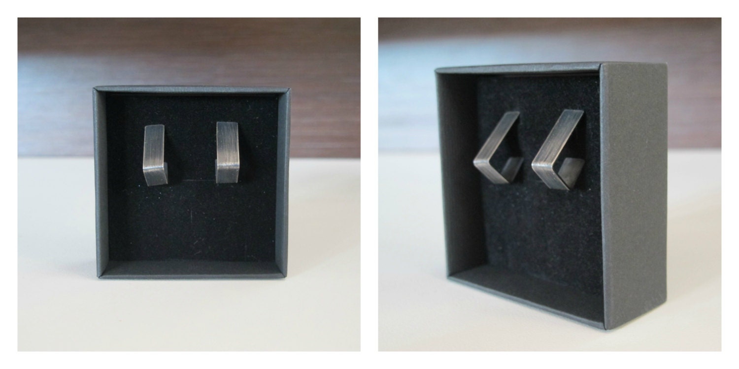 Contemporary simple silver oxidized post earrings, modern,