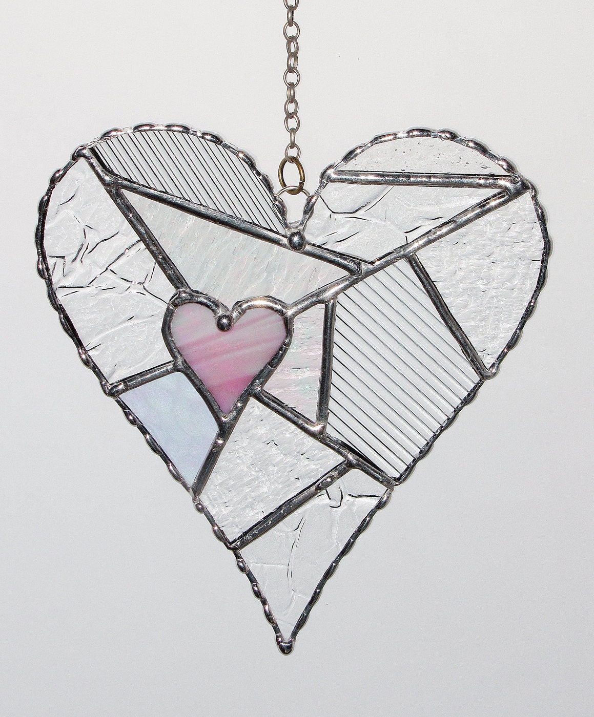Stained Glass Suncatcher - Love, Pink Heart Abstract with Clear Textured Glass, Valentine's Day Gift