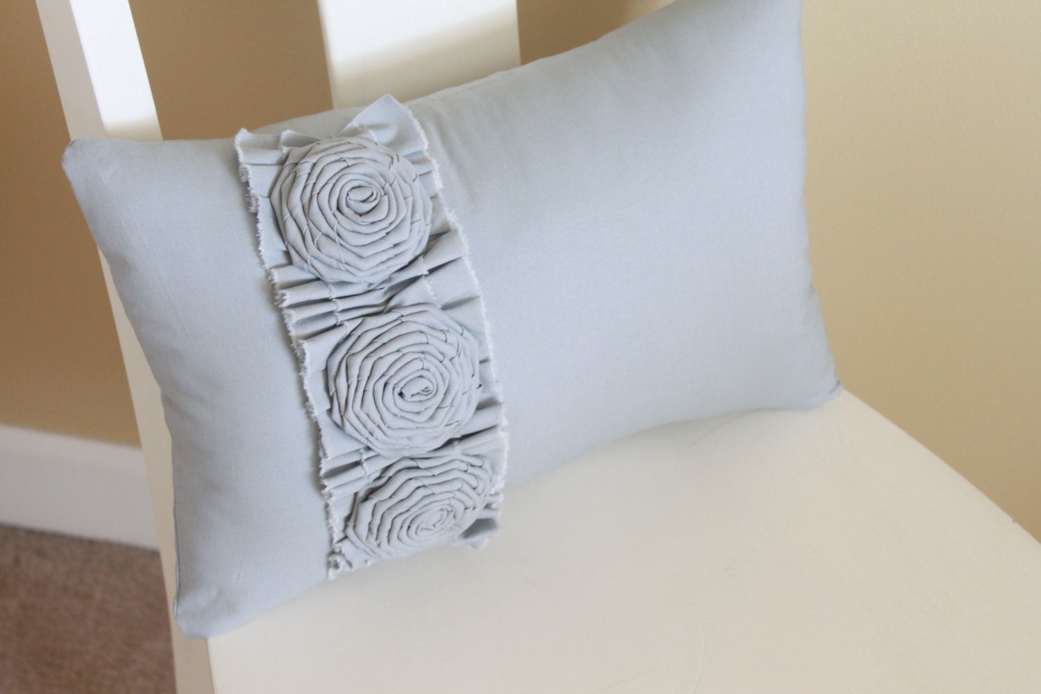 Light Gray Shabby Chic pillow with Ruffle and Roses