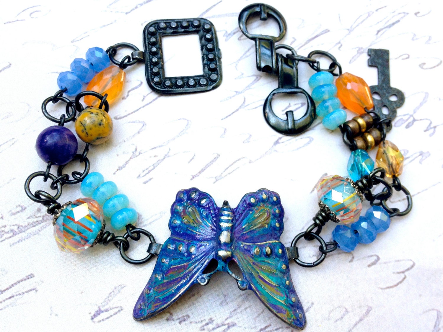 Colorful Flight Patina'd Butterfly focal Beaded Bracelet B548