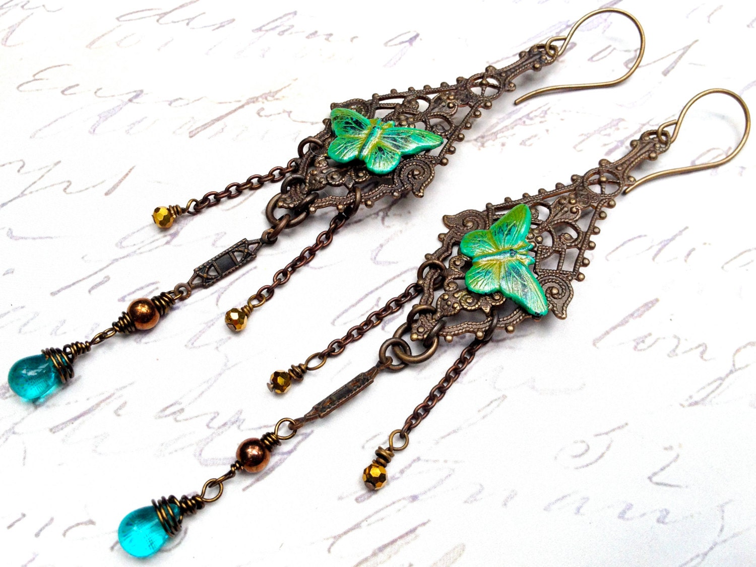 Patina'd Green Butterflies on Filigree Handmade Artisan Earrings