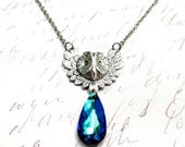 Midnight Owl Pendant Necklace Bermuda Blue Swarovski Crystal Drop