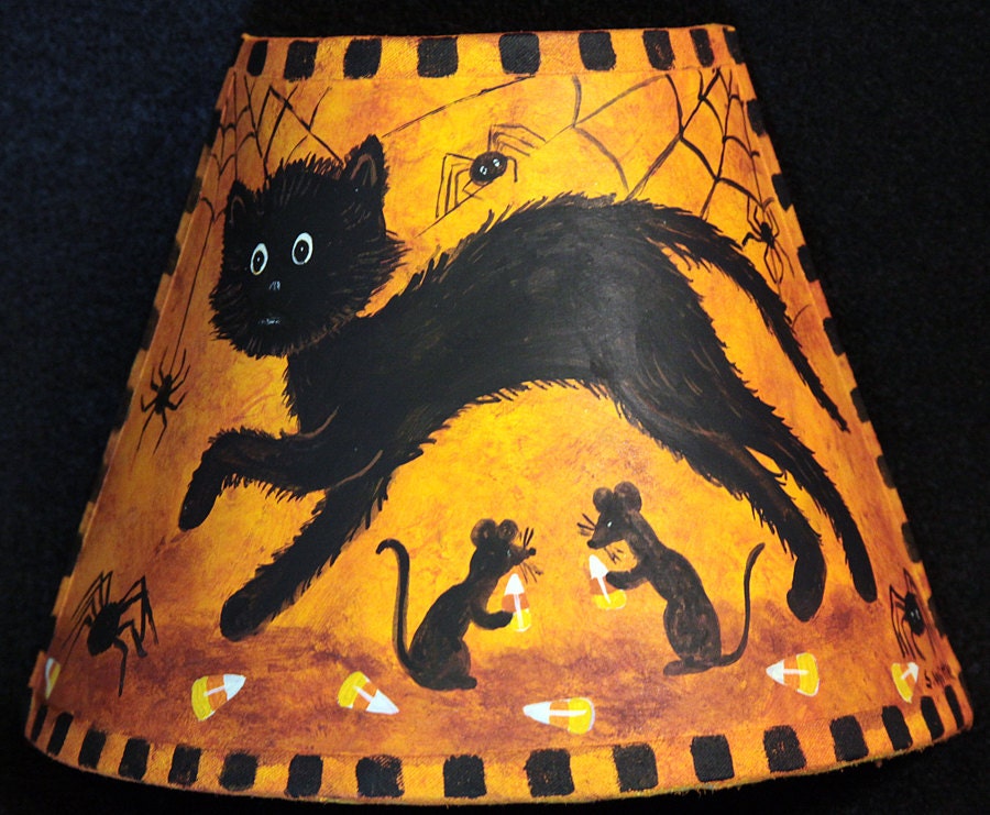 Hand Painted Halloween Folk Art  Night Light - Black Cat, Spiders, Mice, Candy Corn, Webs
