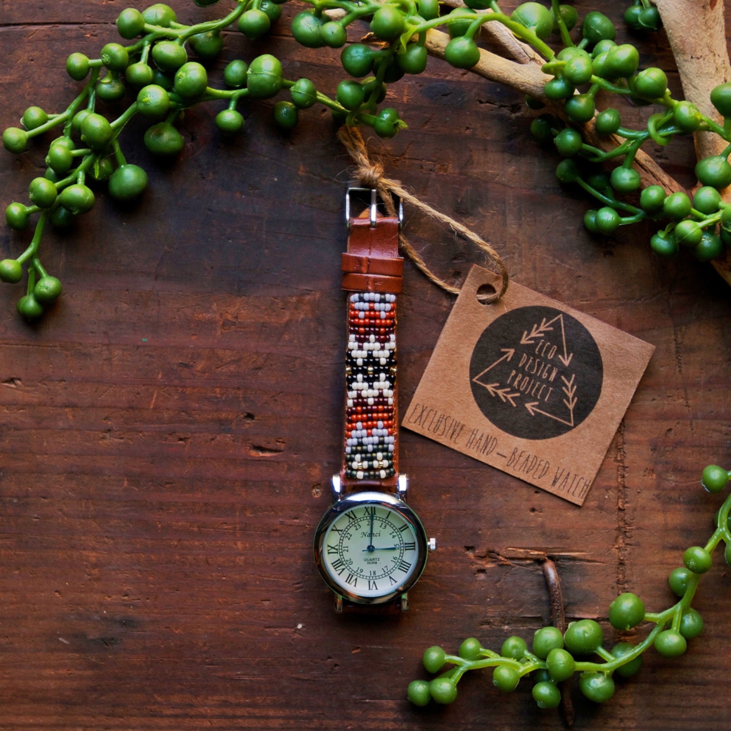 Free shipping US,Native American inspired hand-beaded watch.brown,leather,handmade,hippie,boho,hipster