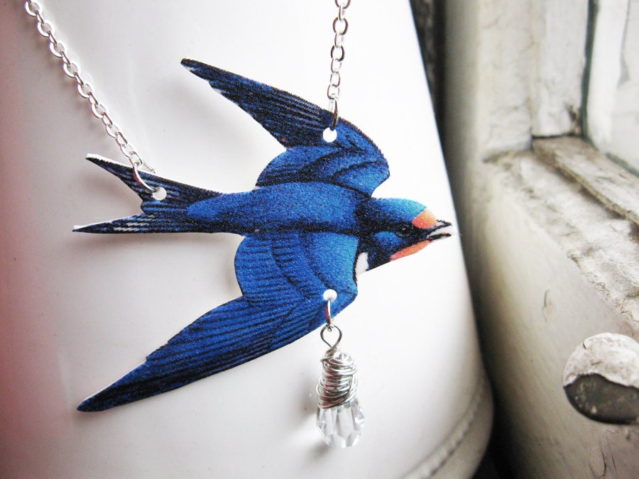 Cobalt Blue Bird Swallow Necklace Jewelry Spring Trend with Austrian Crystal